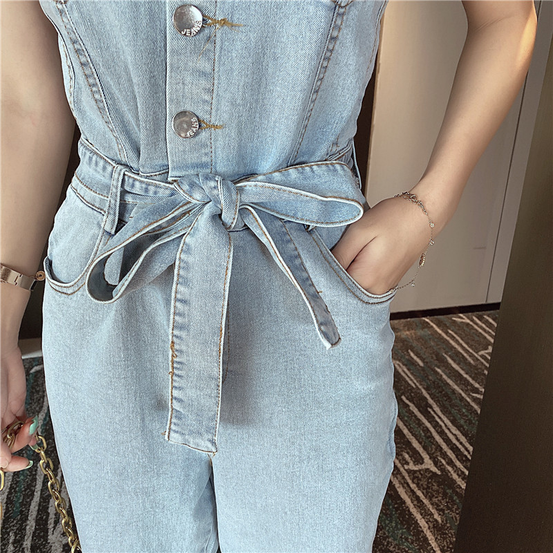 Summer Women Denim Overalls Korean Fashion Turn Down Collar Single-Breasted Sleeveless Rompers Jeans Female Slim Long Trousers 210519