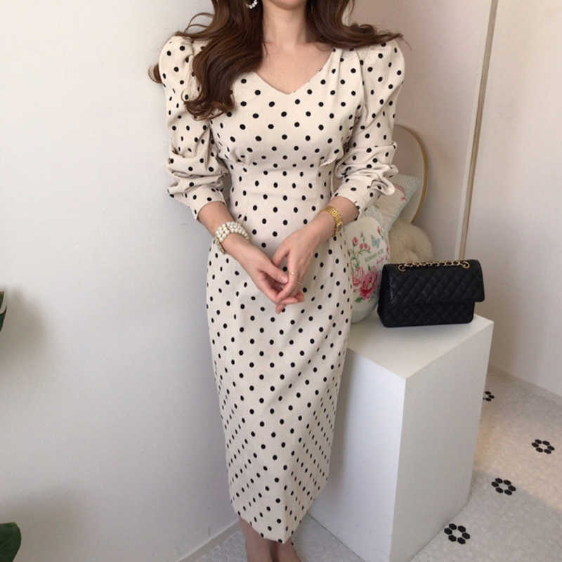 Gaganight Vintage Elegant Polka Dot Women Long Dress Spring Autumn Fashion Long Sleeves Dresses V Neck Slim Lace Up Vestidos 210630