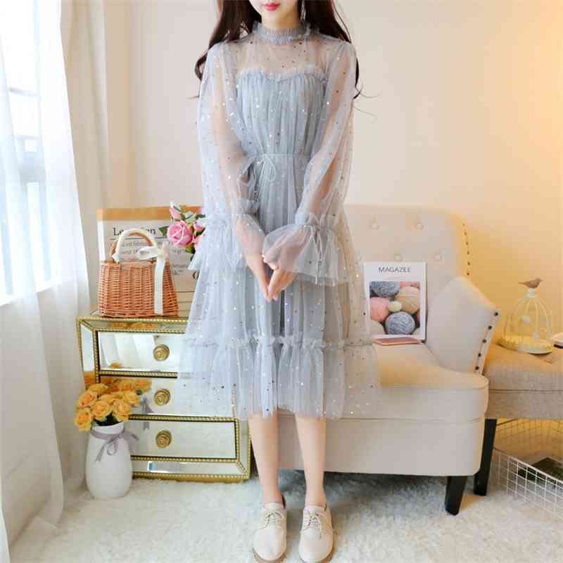 Comelsexy Fashion See Through Sequined Dresses Vestidos Varano Romantic Sexy Mesh Sweet Cute Loose Ruffles Casual Dress 210515