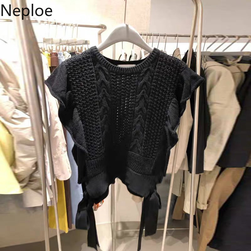 Neploe Korean Fashion Knitwear Sweaters Vest Loose O-neck Ruffles Lace Up Pullovers Tank Knit Ribbed Cropped Waistcoat Tops 210422