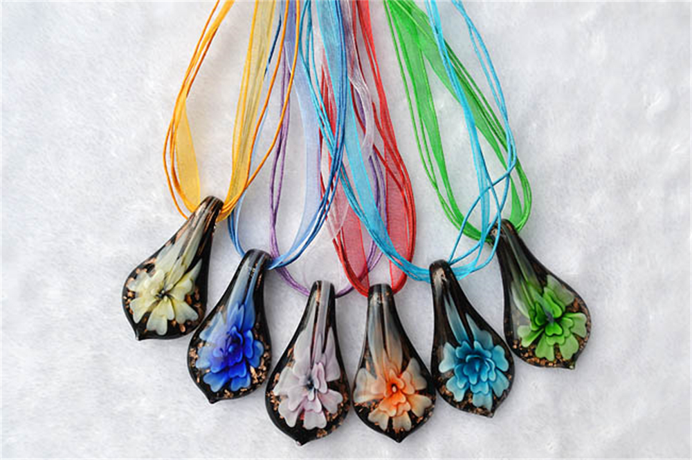 Charm Waterdrop Shape Art Murano Lampwork Glass Pendant Necklace Flowers Inside for Women Girls Summer Jewelry
