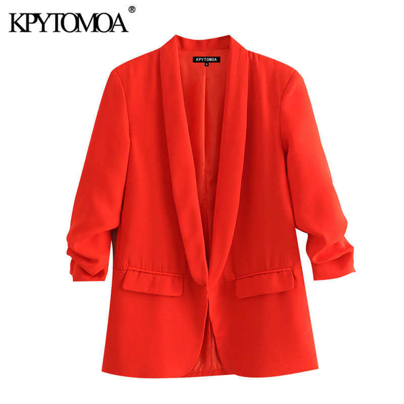 KPYTOMOA Women Fashion Office Wear Basic Blazers Coat Vintage Pleated Long Sleeve Pockets Female Outerwear Chic Tops 210930