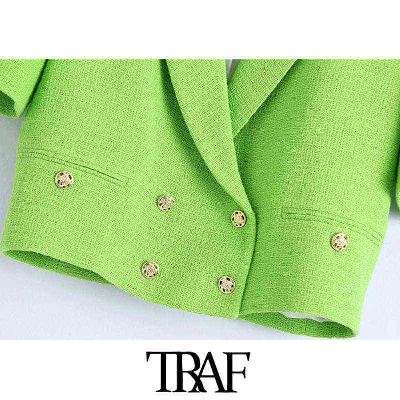 TRAF Women Fashion Double Breasted Tweed Cropped Blazer Coat Vintage Short Sleeve Female Outerwear Chic Veste Femme 211122