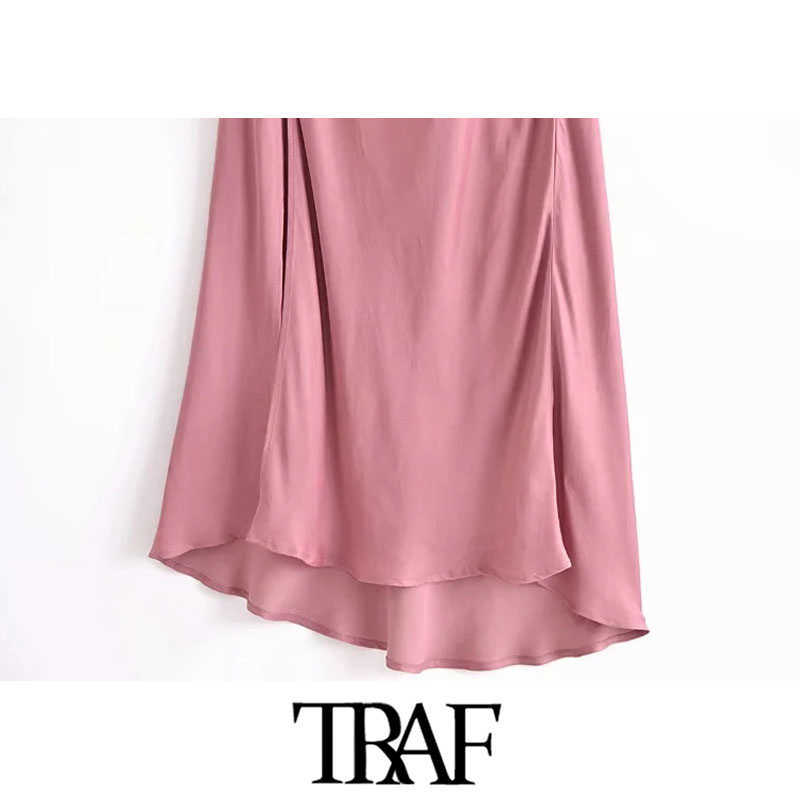 TRAF Women Chic Fashion With Buttons Side Slit Midi Camisole Dress Vintage Backless Thin Straps Female Dresses Mujer 210630