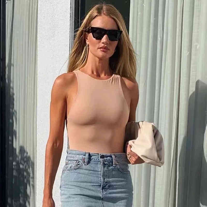 Sexy Women Bodycon Slim Elastic Khaki Bodysuit Fashion Elegant Ladies Casual Club Party Sleeveless Bodysuits Femme Tops 210521