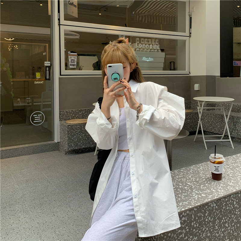 OL Hole All Match Women Blouses Brief Minimalist Full Sleeves Casual Lady Loose Sunscreen Stylish Summer Shirts 210421