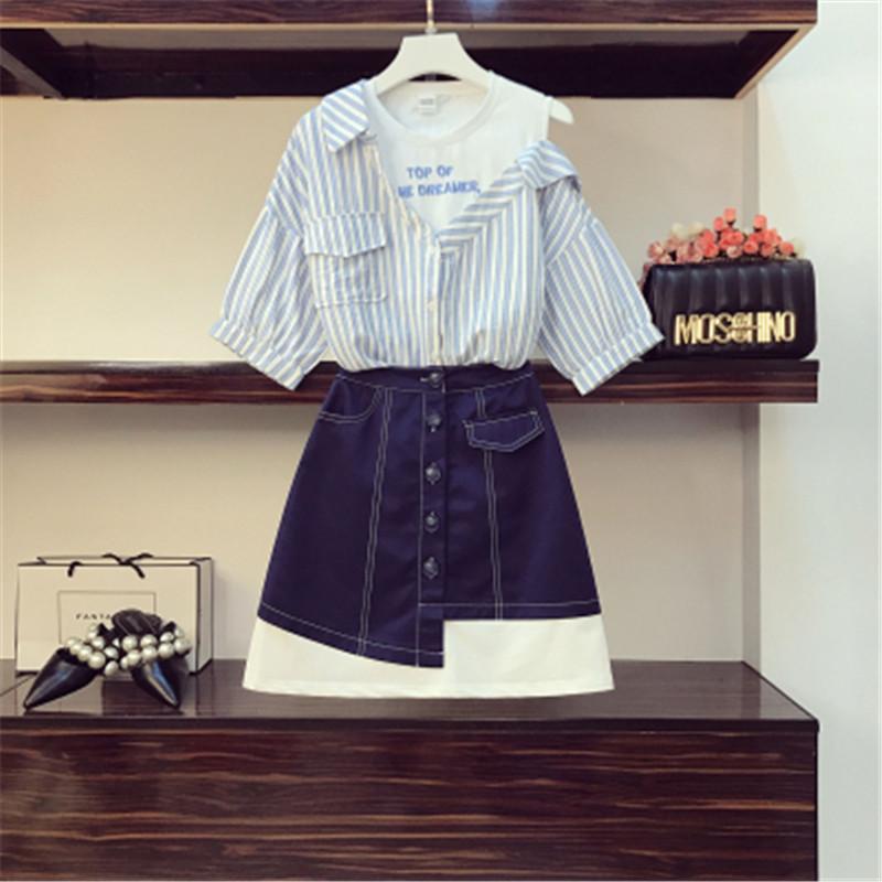 Fashion Runway Summer Girl Two Pieces Set Letters Embroidery Off Shoulder Striped Blouse Shirt+Mini Short Skirts Suits Female Piece Dress