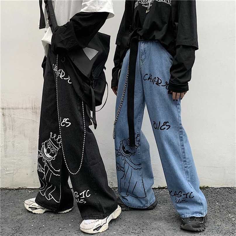 Graffiti printed street jeans women's gothic mopping loose wide-leg pants Harajuku street casual all-match jeans trousers women 211112
