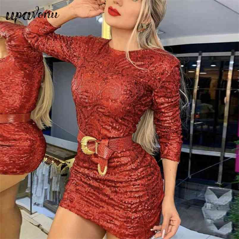 Free Women Red Elegant Sequined Bandage Dress O-Neck Long Sleeve Bodycon Mini Celebrity Club Party 210524
