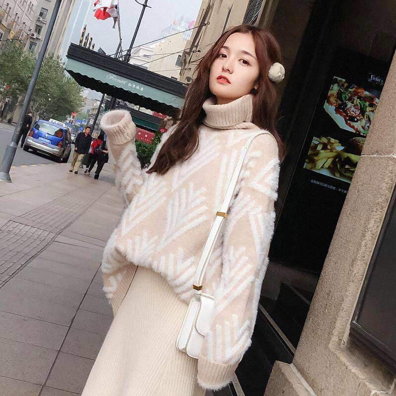 Wonder Casual Loose Thicken Knitted Pullovers Turtleneck Sweater Female Sweet Bottom Knitwear Jumper Tops 210510