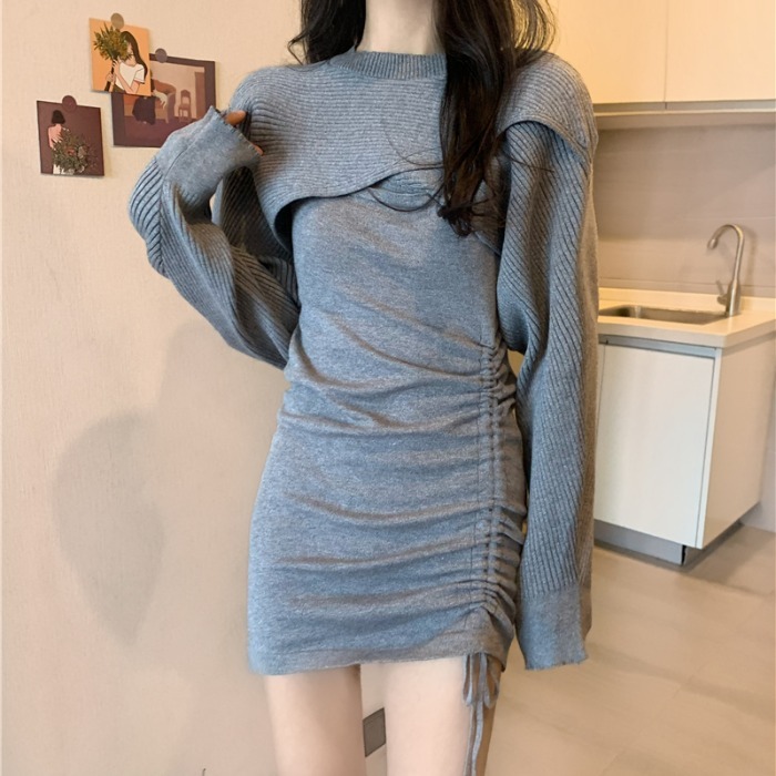 Sexy Two Peices Set Women Knitted Cape + Sleeveless Pleated Mini Dress Style All Match Vestidos Suit Femme 210519