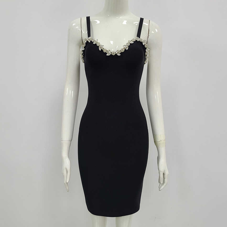 Summer Women Black Fashion Bandage Dress Sexy Spaghetti Strap Sheath Diamond Club Evening Party Lady Bodycon 210525