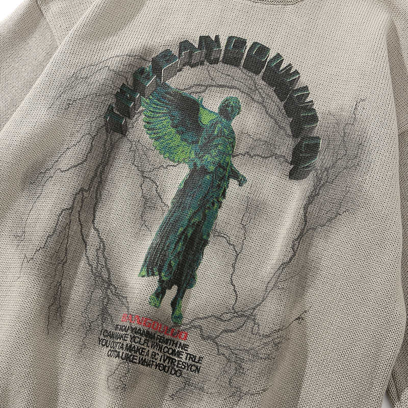 Men Hip Hop Knitted Jumper Sweaters Angel Lightning Print Streetwear Harajuku Autumn Chino Hipster Casual Pullovers Clothing 210818