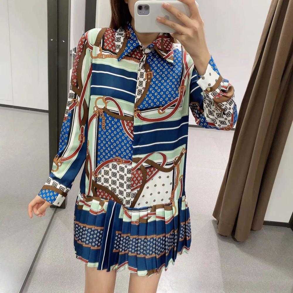 Women Printed Pleated Mini Dress Collared Long Sleeves Elegant Chic Casual Short Dresses Fashion Women Clothing 210709