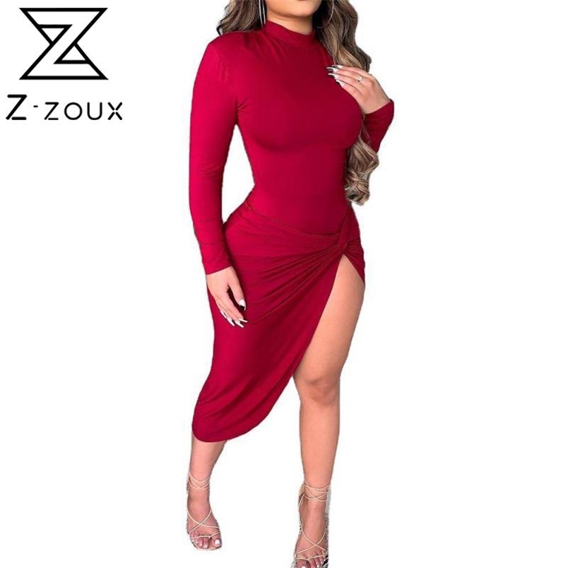 Women Dress Stand Collar Long Sleeve Irregular es Pleated Asymmetry Hem Sexy Plus Size Ladies es 210513