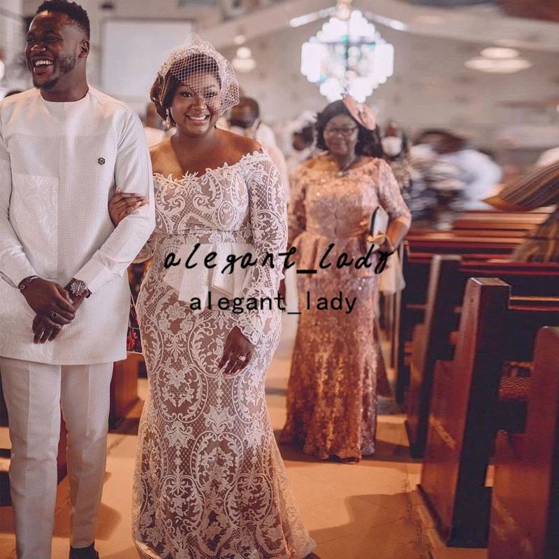 Plus Size African Mermaid Wedding Dresses 2022 Full Lace Long Sleeve Aso Ebi Peplum Nude Lining Garden Church Bridal Gowns Robes