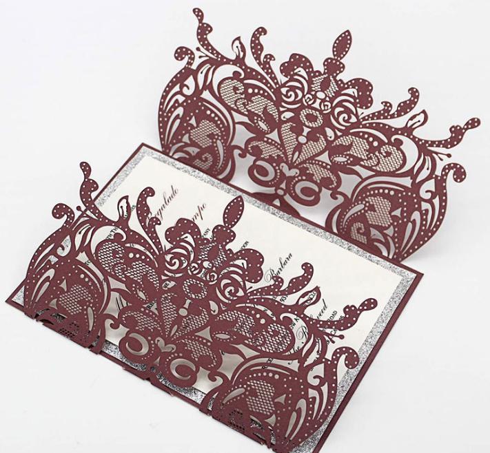 2021 Burgundy Lace Wedding Invitation Inner Sheet with Silver Glitter Bottom And Ribbon Envelope