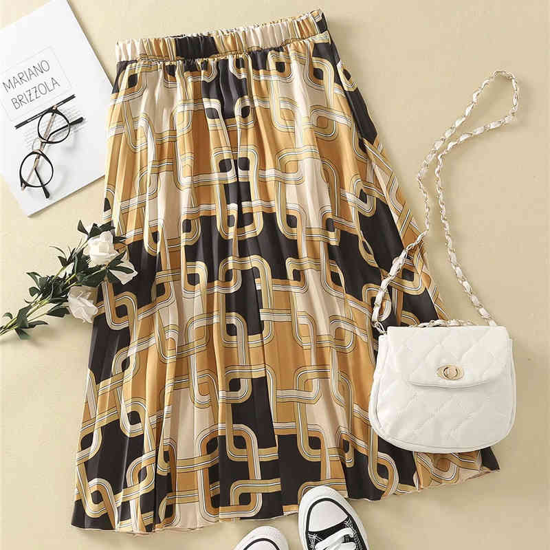 Women Vintage Chain Print Long Skirts Spring Female Chic Yellow Pleated A-line Skirt High Waist Casual Femme 210421