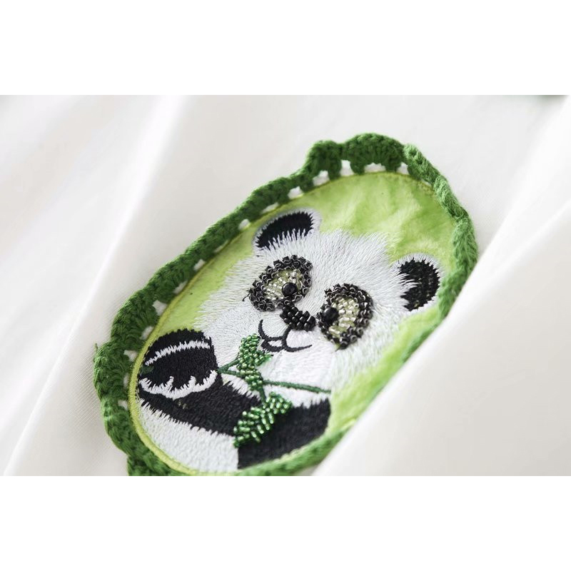 Women Fashion Panda Embroidery White Summer Cotton Long T-shirts Chic Lady Stylish Short Sleeve High Quality Manual Crochet Tops 210421