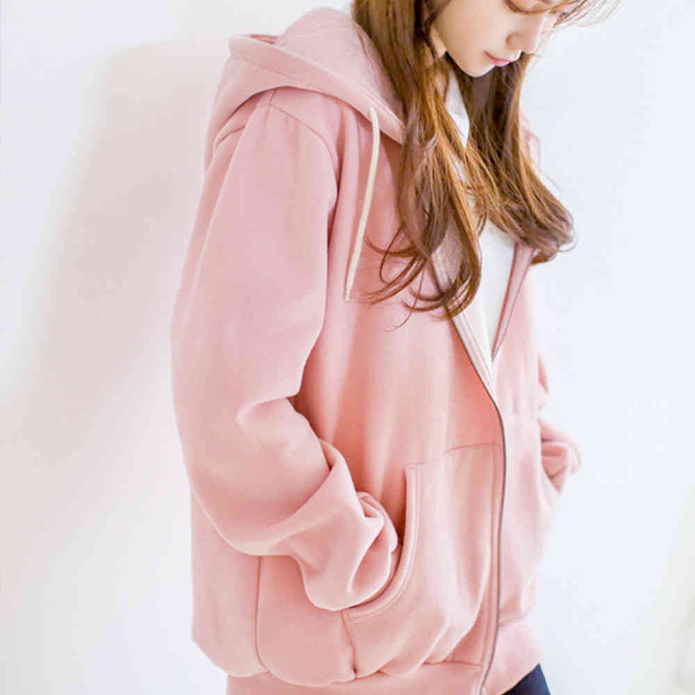 Women Korean pop Solid Zipper Up Hoodies Boyfriend Style Loose Coat Autumn Jackets Plus Size Outwear Fashion 210428