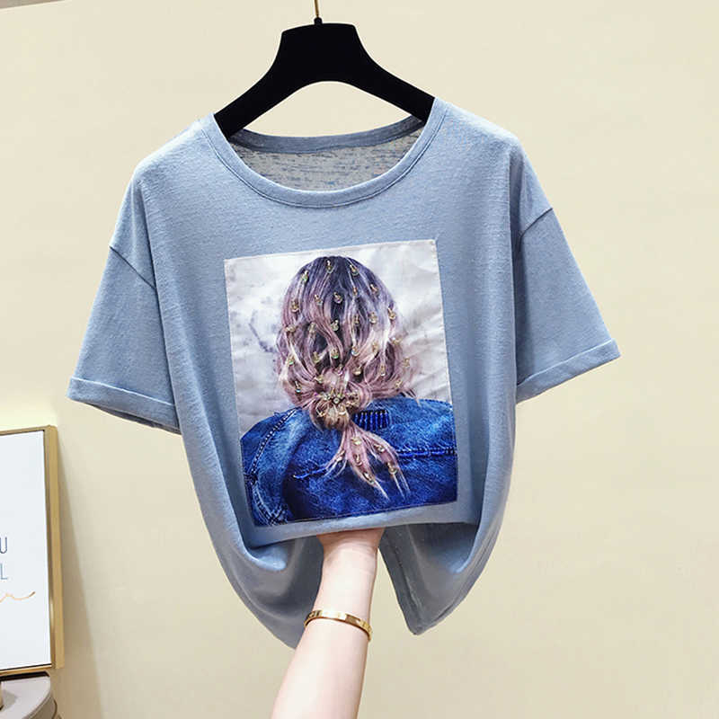 Poleras Mujer De Moda Print Sequins T Shirt Women Tshirt Female Summer Tops T- Korean Fashion Cotton Tee Femme 210615Z
