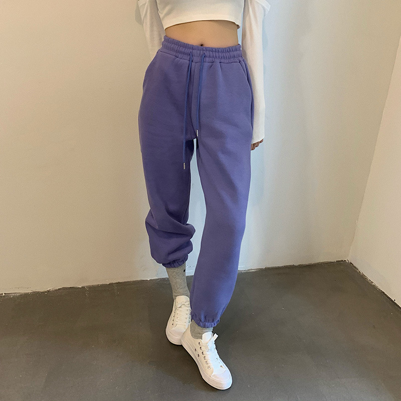 Nomikuma Autumn Winter Fleece Sweatpants Lace Up Korean Stretch High Waist Women Trousers Causal Solid Harem Pants 6D192 210427