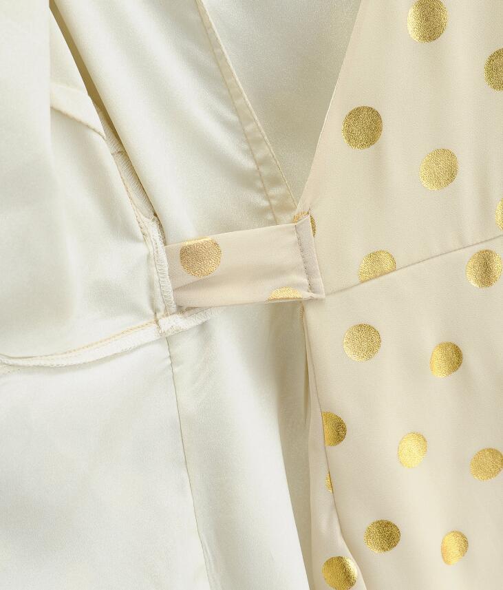 Vintage France V neck Bronzing Gold Polka Dot Wrap Dress Holiday Woman Tie Bow Waist Short Sleeve Slit Midi Tea Dresses 210429