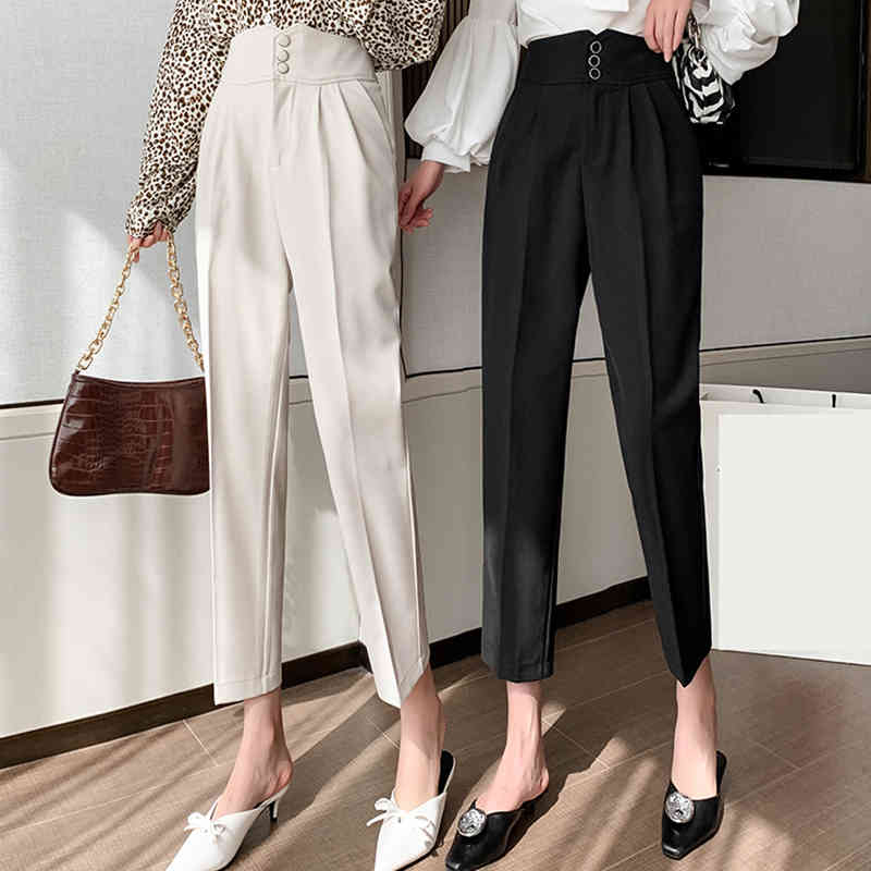 Office Lady Solid Casual Suit Spring Autumn Workwear Straight High Waist Trousers Korean Harem Capris Pants B11323P 210416