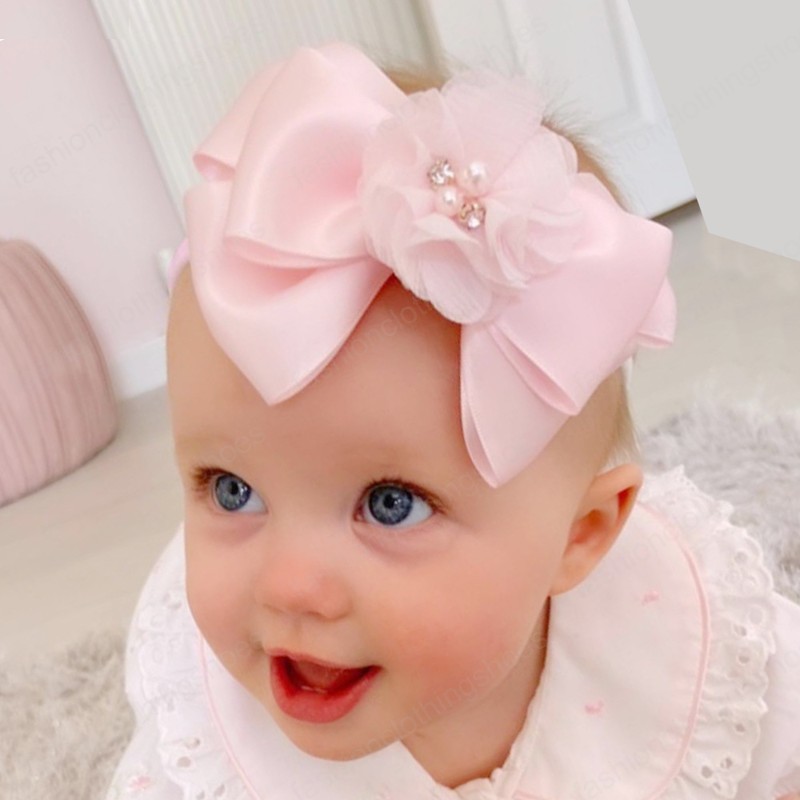 Three Layer Solid Color Bowknot Baby Elastic Headband Shining Beads Chiffon Flowers Toddler Hairband Infant Headwear Photo Props