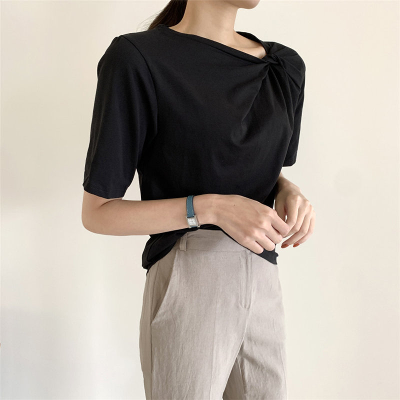 Chic Gentle Sexy Skew Collar Casual Slim Lady OL Short Sleeves Stylish Loose All Match Summer Sweet T-shirts 210421