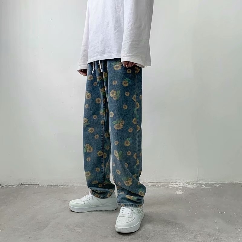 Floral Print Jeans Woman Man Streetwear Vintage Harajuku Denim Pants Casual All Match Jean Pantalones 210519
