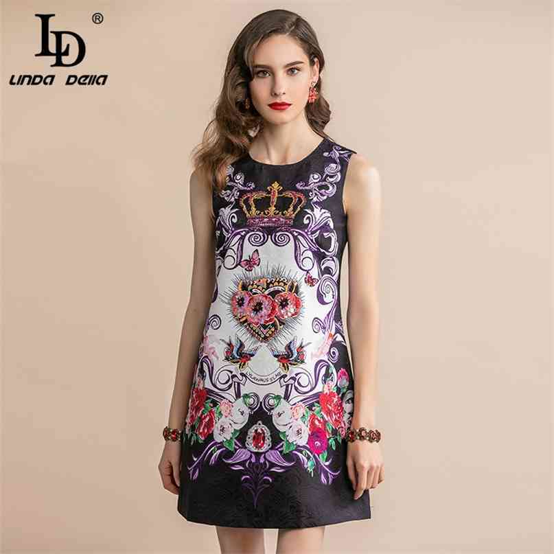 Summer Fashion Runway Mini Short Dress Women's Sleeveless Black Jacquard Floral Print Loose Elegant Vintage 210522