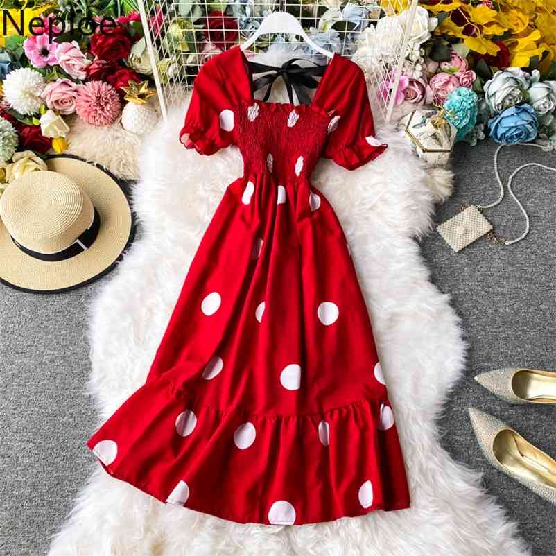 Dot Women Dress Summer Short Sleeve Bow Tie Sqaure Collar Vestidos Femme Korean High Waist Ruffle Dresses 210422