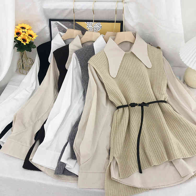 Nomikuma Spring Women Sets Lantern Long Sleeve Causal Blouse Shirt + Split Knitted Sleeveless Vest Belt Slim Waist Suits 6E288 210427