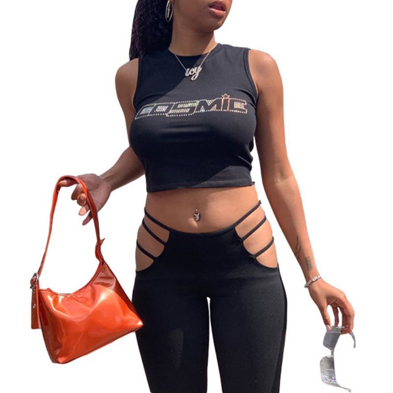 Women Summer Short Sleeve/Sleeveless Crop Top Hot Drill Rhinestone Cosmic Letter T-Shirt Navel Slim Vest Club Streetwear 210406