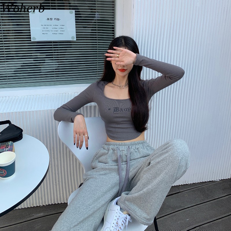 Knitted T-shirt Women Summer Square Neck Short Pullover Shirt Letter Embroidery Tees Casual Long Sleeve Basic Crop Tops 210519