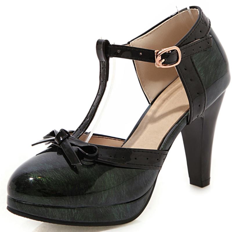 Sarairis High Heels Pumps Woman Shoes Women T-strap Bow Lovely Sweet Platform Lolita Heeled Plus Size 48 Dress