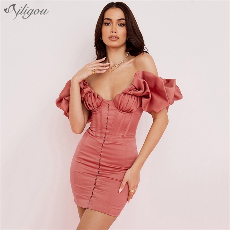 Satin Ruffled Puff Sleeves Summer Open Back Strapless Short Sleeve Tight Mini Dress Sexy Party Vestidos 210525, Brown
Satin Ruffled Puff Sleeves Summer Open Back Strapless Short Sleeve Tight Mini Dress Sexy Party Vestidos 210525, Brown