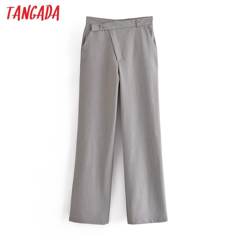 Fashion Women Gray Suit Trousers Pockets Buttons Office Lady Pants Pantalon JE01 210416