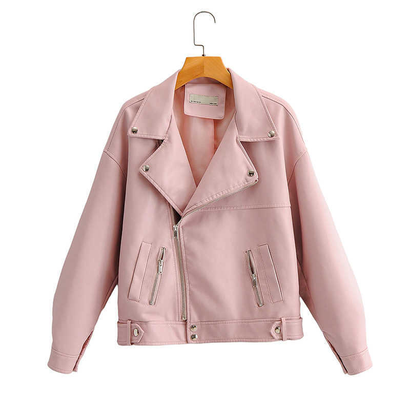 FTLZZ Autumn Women Faux Leather Jacket Casual BF Loose Soft Pu Motorcycle Punk Leather Coat Female Zipper Rivet Outerwear 210908