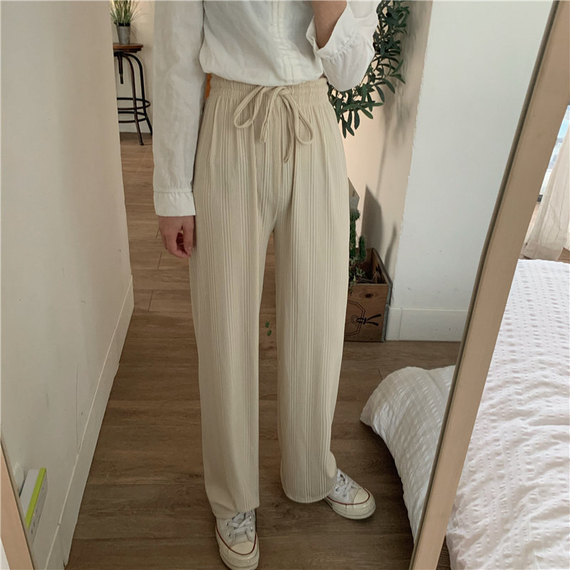 High Waist Loose Summer All Match Elastic Slender Straight Office Lady Casual Solid Wide Leg Trousers 210421