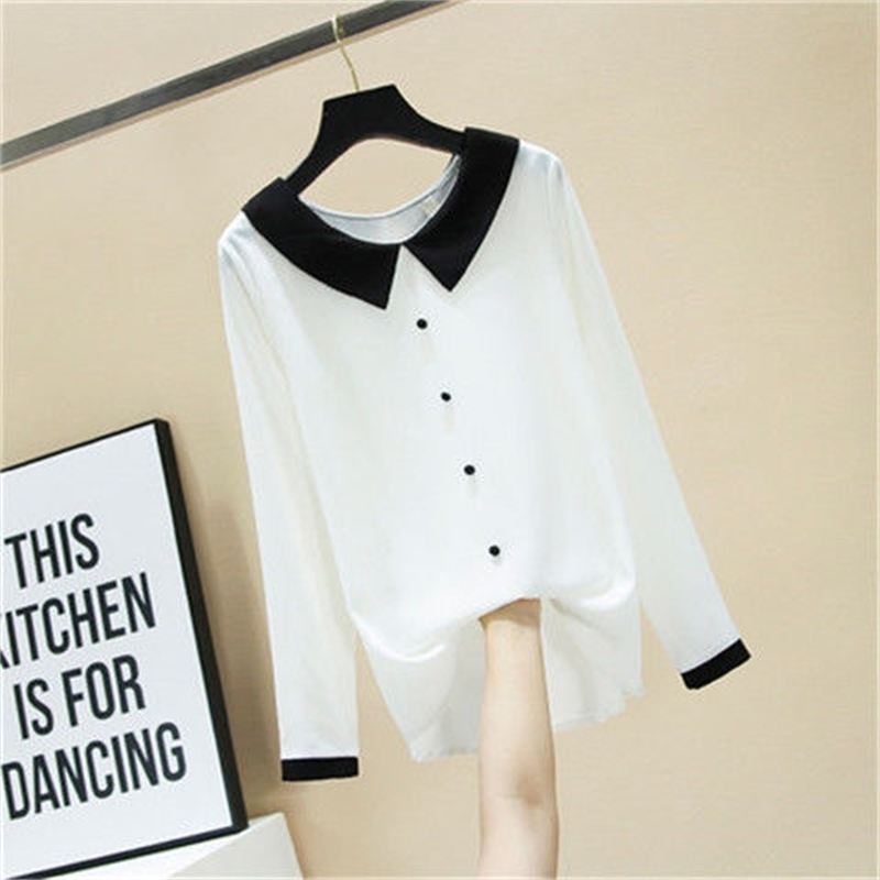 Spring Korea Fashion Women Long Sleeve Chiffon Shirt Preppy Style Peter Pan Collar Patchwork Loose Shirts Female Blouses D185 210512