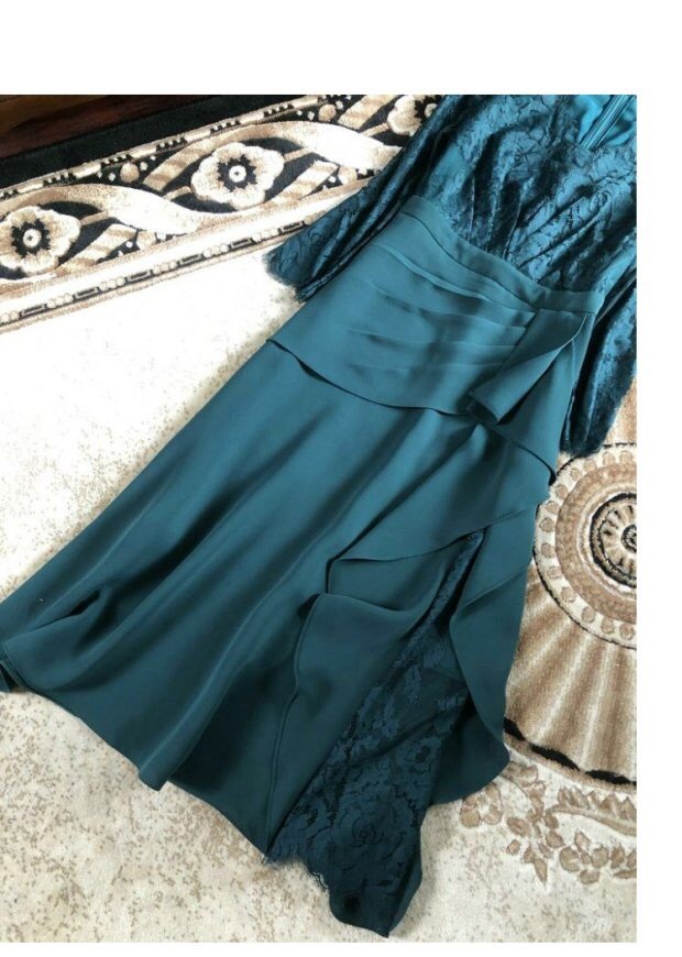 elegant vintage dark green ruffles patchwork midi dress for women casual office lady lace high waist dresses robe fashion 210421