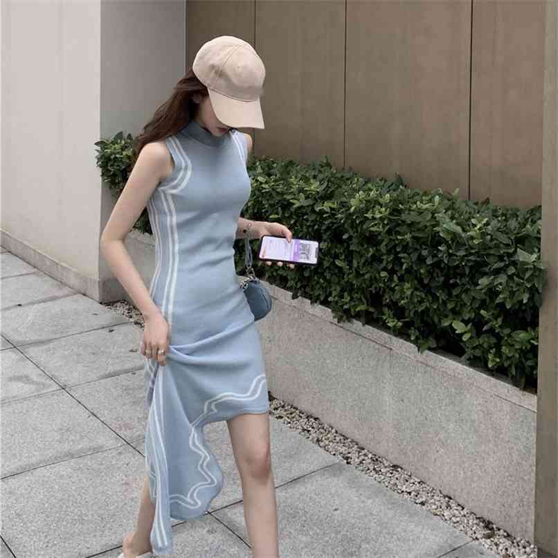 Summer Elegant Slim Knit Blue Dress Casual Outwear Fashion Sleeveless Asymmetric Solid Color Sundress Vestidos 210520 
Summer Elegant Slim Knit Blue Dress Casual Outwear Fashion Sleeveless Asymmetric Solid Color Sundress Vestidos 210520