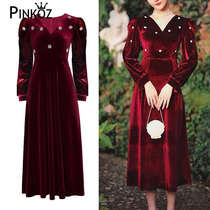 elegant v-neck long sleeve A-line velvet red crystal buttons midi dress for women spring autumn dresses plus size 2XL 210421