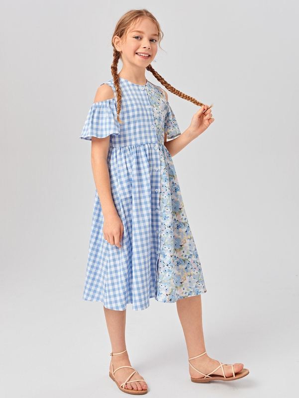Girls Floral Gingham Cold Shoulder Dress SHE