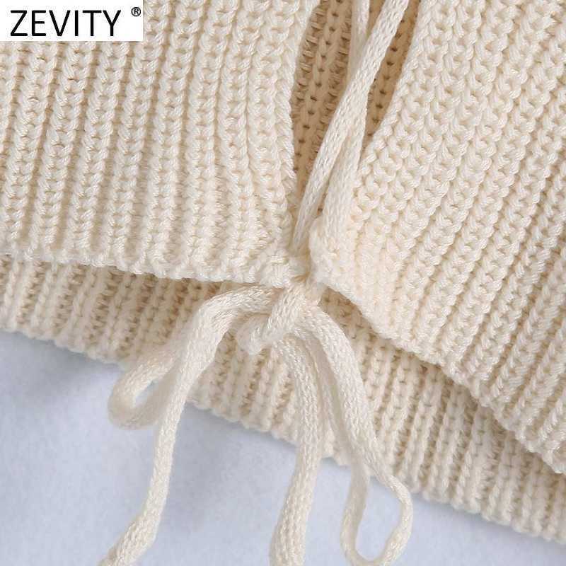 Zevity Women Solid Color Short Knitting Sweater Femme Chic Summer Sexy Backless Lace Up Casual Slim Pullovers Crop Tops SW830 210603