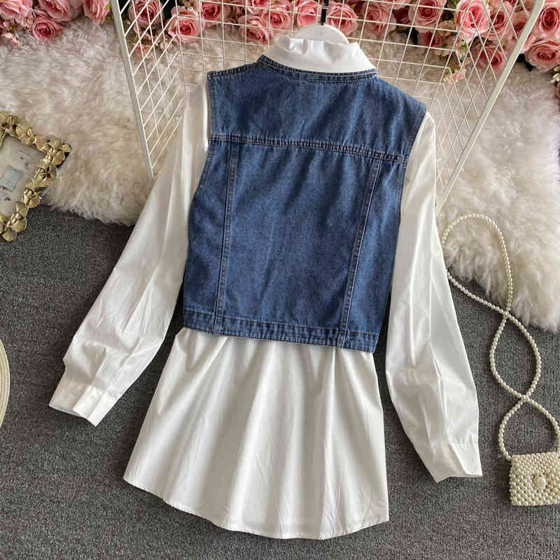 Nomikuma Spring Korean Women Sets Causal Demin Vest + Medium-long Solid Long Sleeve Blouse Shirt Outfits 6F523 210427