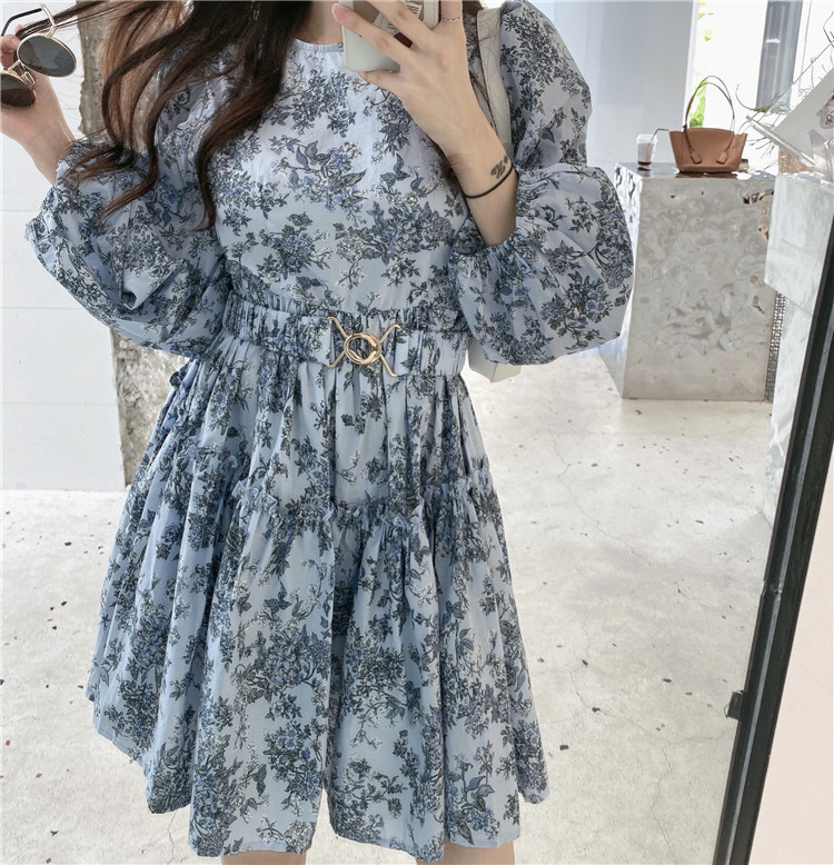 Korean Spring Women Mini Dress Elegant Floral Printed Lantern Sleeve Vestidos Feminine Chic With Belt 210519