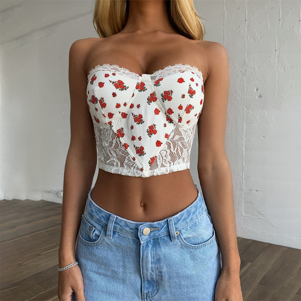 Sleeveless White Lace Crop Top Women Off The Shoulder Summer Tulle Blouse Shirts Sexy Floral Print Short Tops 210427